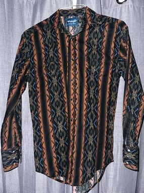 Wrangler Brown and Blue Aztec-Pattern Long Sleeve Button-Down Shirt